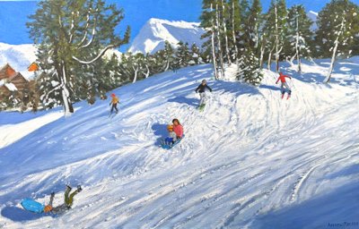 Sleeën en skiën, Les Arcs, Frankrijk, 2023 (olieverf op doek) door Andrew Macara