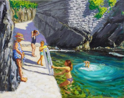 Zwemmen in het zeebad, Cinque Terre, Italië, 2024 (olieverf op doek) door Andrew Macara