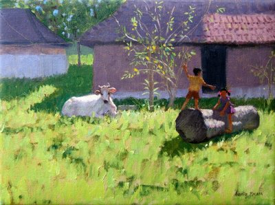 Witte koe en twee kinderen, Mankotta-eiland, Kerala, India door Andrew Macara