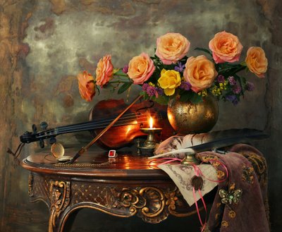 Vintage viool en rozen door Andrey Morozov