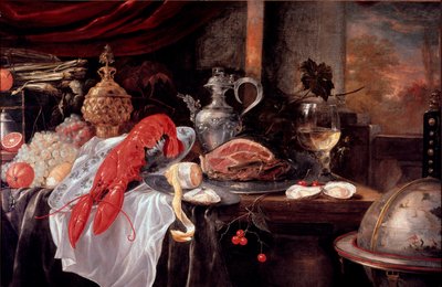 Stilleven met kreeft, ham, zilverwerk door Andries Benedetti