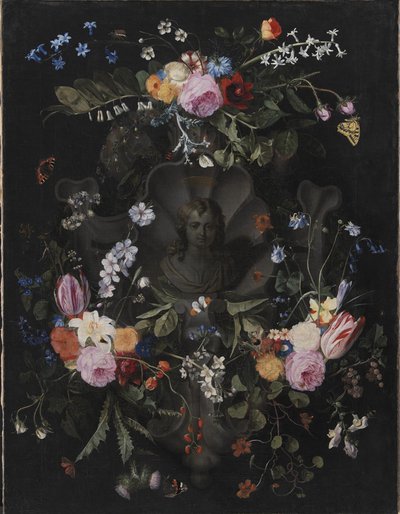 Cartouche met buste van Christus omringd door een bloemenkrans door Andries Bosman