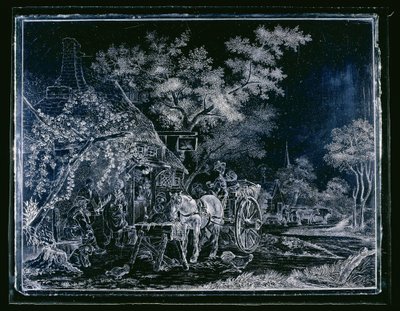 Ruit met paard en wagen en enkele figuren voor een herberg door Andries Melort