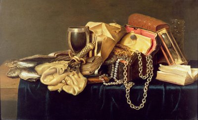 Stilleven van een Sieradendoos, Boeken en Oesters door Andries Vermeulen
