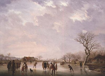 Winterscène met hockeyspelers en andere figuren door Andries Vermeulen