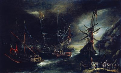 Inscheping van Spaanse troepen, een Nederlandse interpretatie van een Spaanse expeditie, afgebeeld aan een denkbeeldige kust van de Middellandse Zee door Andries van Eertvelt