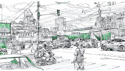 Tekening van het stadsverkeer door Andrii Kutsachenko