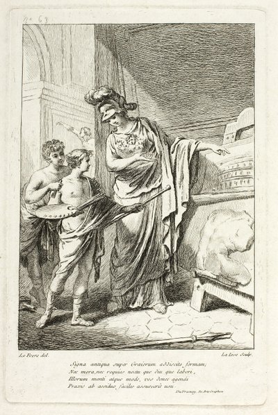 Minerva leert een jonge kunstenaar, illustratie voor de Catalogue historique du Cabinet door Mariette door Ange Laurent de Lalive de Jully