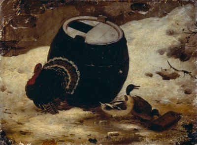 Dieren en een vat in de sneeuw door Angelo Inganni