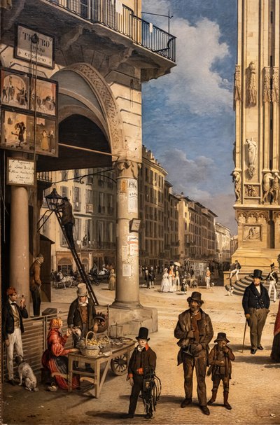 Uitzicht op de Duomo met de Coperto van Figini, detail door Angelo Inganni