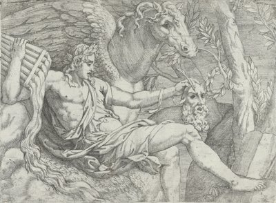Apollo met Fluiten in Zijn Rechterhand Vergezeld door Pegasus door Angiolo Falconetto