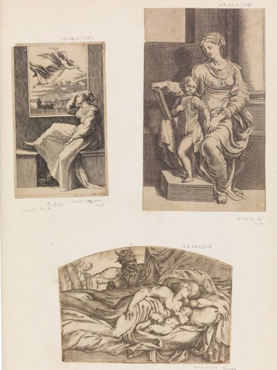 Vrouw en engel, Maagd en Kind, Satyr die een jonge moeder en kind in slaap observeert, 1555-1567 door Angiolo Falconetto