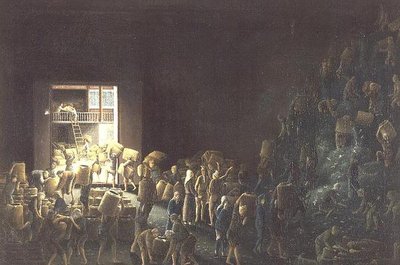 Theekisten vullen; en theefabricage in het eerste proces, ca. 1820 (een van een paar) ca. 1820 door Anglo Chinese School