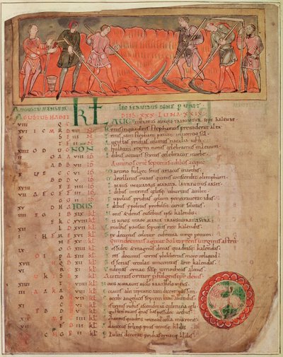 Oogsten, uit een Kalender, c.1030 door Anglo Saxon