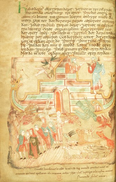 Noach en familie verlaten de Ark, uit de Aelfric Pentateuch, van St. Augustinus, Canterbury door Anglo Saxon