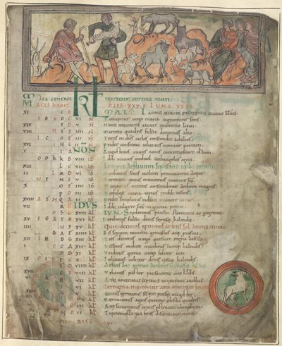 Cotton Tiberius B. V, Deel 1, f.5 Kalenderpagina voor mei. Schapen hoeden. Twee herders met hun kudde, een met een herdersstaf, en drie zittende figuren. Onderaan, Aries in een rondel door Anglo Saxon