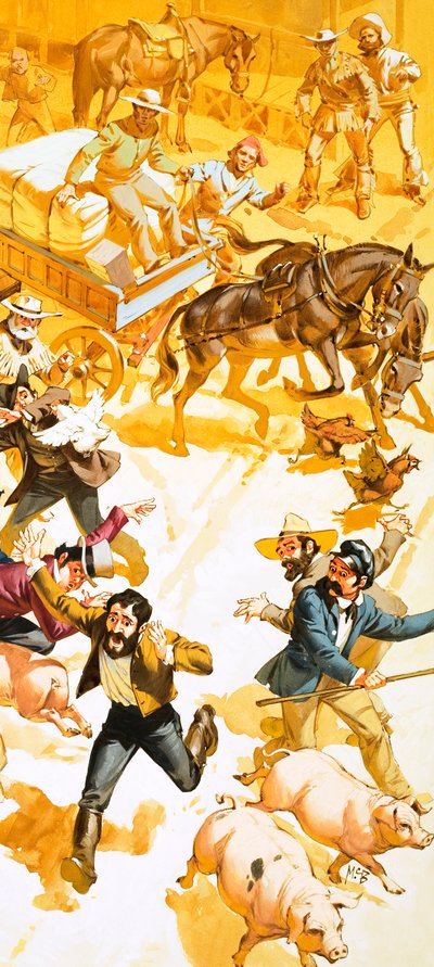 Een man rent door de straten van San Francisco en kondigt de ontdekking van goud aan door Angus McBride