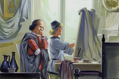Een jonge Leonardo Da Vinci helpt zijn meester Verrocchio met De Doop van Christus (gouache op papier) door Angus McBride
