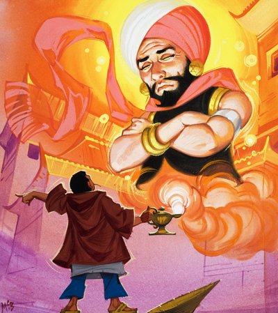 Aladdin commandeert de geest, illustratie uit 