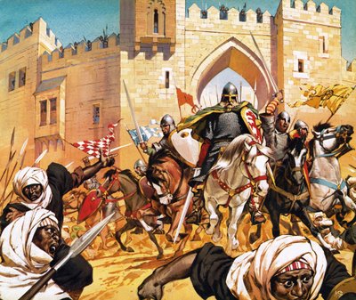Het dode lichaam van El Cid vastgebonden op een paard waardoor de Moren vluchten door Angus McBride