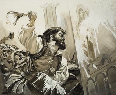 Fanatici bestormen de kerken van Bazel in protestants Zwitserland (gouache op papier) door Angus McBride
