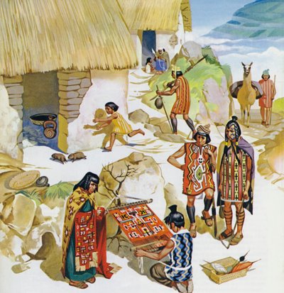 Huis in Peru, ca AD 100 (kleurenlitho) door Angus McBride