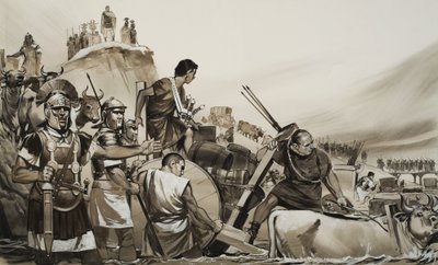 Julius Caesar (100-44 v.Chr.) leidde zijn soldaten over de kleine rivier de Rubicon en rukte op naar Rome (gouache op papier) door Angus McBride