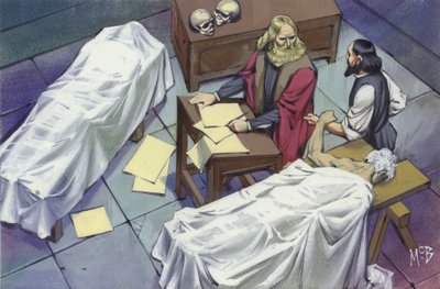 Leonardo Da Vinci onderzoekt de menselijke anatomie aan de hand van lijken van in het ziekenhuis gestorven mannen (gouache op papier) door Angus McBride