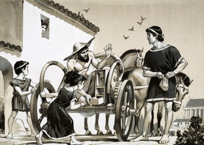 Koopman die spullen verkoopt op de rug van een strijdwagen in de Romeinse tijd door Angus McBride