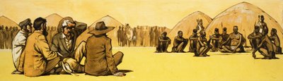 Pioniers onderhandelen met stamhoofden in Afrika door Angus McBride