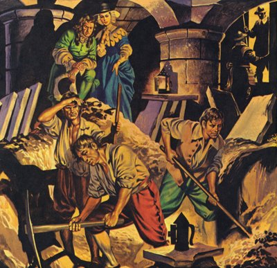 Samuel Pepys op zoek naar een geldschat die verborgen zou zijn in The Tower Of London (kleurenlitho) door Angus McBride
