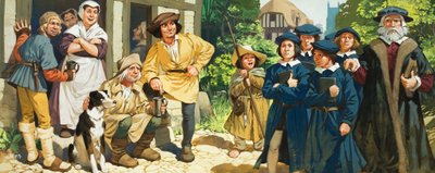 Schoolkinderen en hun meester (gouache op papier) door Angus McBride