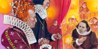 Shakespeare wordt gepresenteerd aan koningin Elizabeth I door Angus McBride