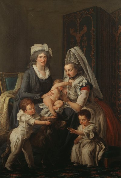 Portret van een dame, in een interieur met haar verpleegster en drie kinderen door Anicet Charles Lemonnier