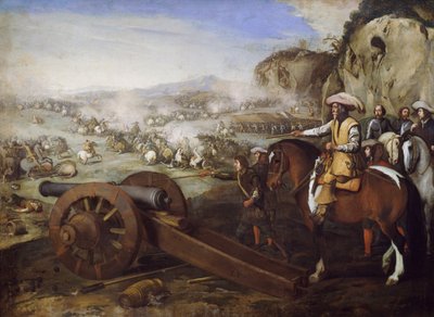 Kapitein te paard geeft bevel om kanon af te vuren tijdens de slag, schilderij door Aniello Falcone door Aniello Falcone