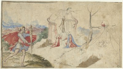 Mythologische scène (Aeneas ontvlucht Troje?) door Aniello Redita
