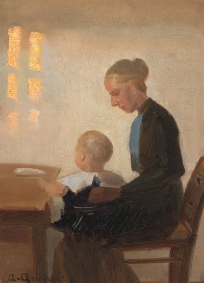 Een interieur met een moeder en kind. door Anna Ancher