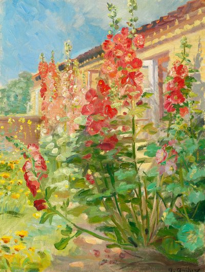 Rode stokrozen in de tuin van de familie Ancher op Markvej in Skagen. door Anna Ancher