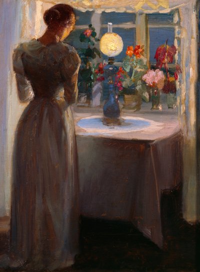 Jong meisje voor een lamp door Anna Kirstine Ancher