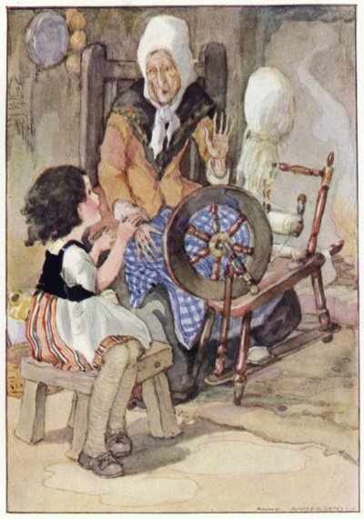 De grootmoeder sprong op van haar spinnewiel (kleur litho) door Anne (after) Anderson