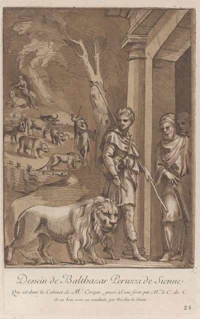 Een herder met een leeuw aan een lijn op de voorgrond, in het midden de sh..., ca. 1729-64 door Anne Claude Philippe de