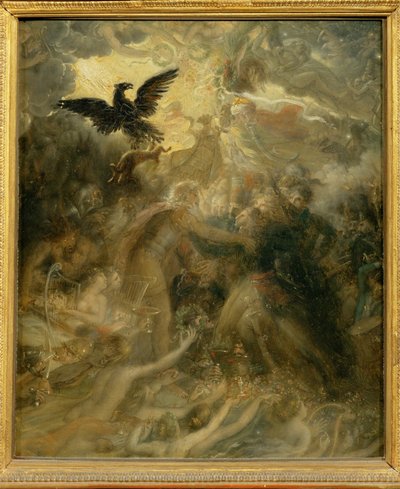 De schaduwen van de Franse helden die Ossian ontvangt in de Elysee. Een satirische replica van de grote ... door Anne Louis Girodet de Roucy-Trioson