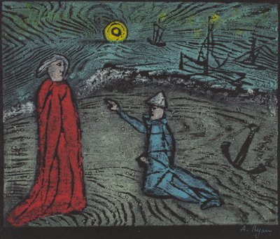 Nu, altijd wakker, mijn lieve meester, ik vrees een dodelijke storm (kleurenhoutsnede) door Anne Ryan