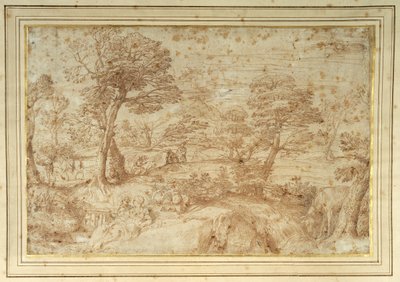 Landschap met de rust tijdens de vlucht naar Egypte, naar Annibale Carracci door Annibale (studio of) Carracci