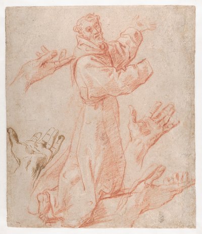 Carracci - Studies voor een figuur van de heilige Franciscus knielend in driekwartaanzicht en voor zijn handen (recto), 1583-85 door Annibale Carracci