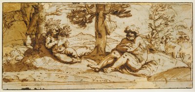 Flötenspielender Amor und Silenus in einer arkadischen Landschaft door Annibale Carracci