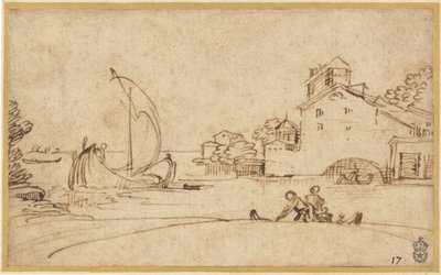 Landschap met figuren bij een riviermonding met zeilboten door Annibale Carracci