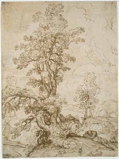 Landschap met slapende man onder boom (recto); Landschap met ruiter (verso) door Annibale Carracci