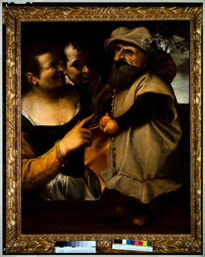Man en vrouw bewonderen een kind in vermomming, ca. 1582-85 door Annibale Carracci