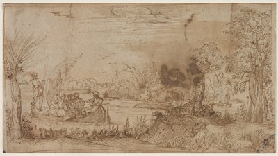 Rivierlandschap met boten, ca. 1590 door Annibale Carracci